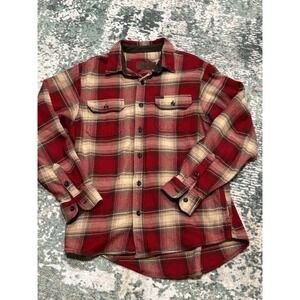Orvis Flannel Shirt Medium Jacket Shacket Pockets Red Tan Plaid Heavy